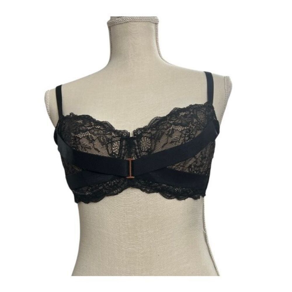Adore Me Black Floral Lace Sheer Underwire Bra Size 34D Scalloped Lingerie
